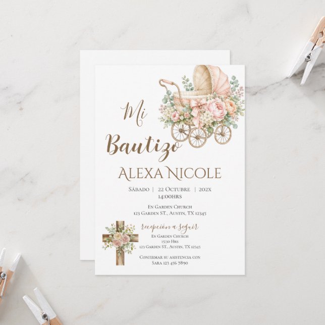 Convites Baptism Invitation in Spanish Boho (Frente/Verso In Situ)