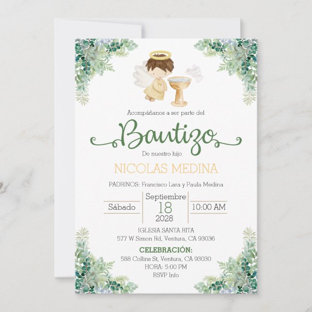 Convites Baptism Invitation Spanish boy greenery  (Frente)