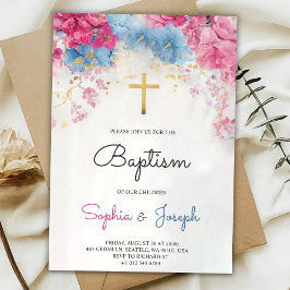 Convites Baptism Invitation with blue floral a gold cross