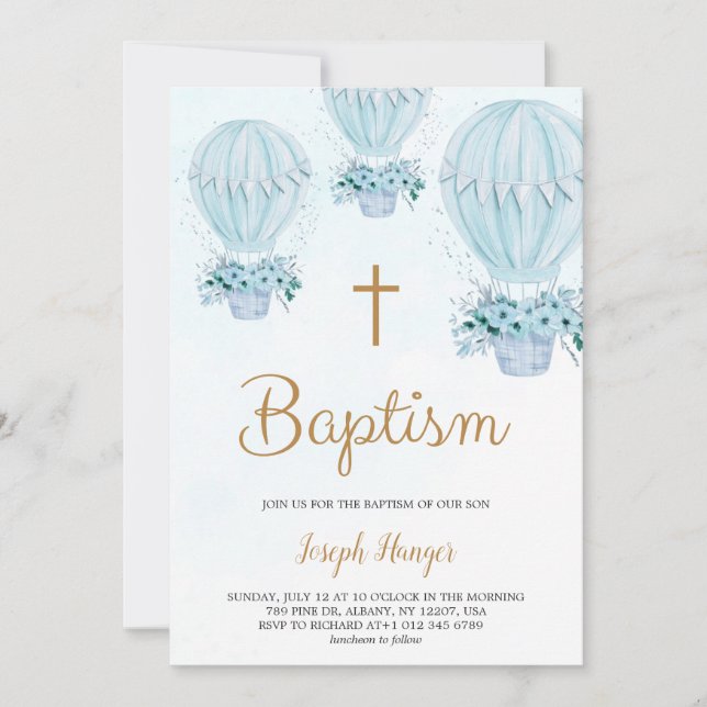 Convites Baptism invitation with blue hot air balloon  (Frente)