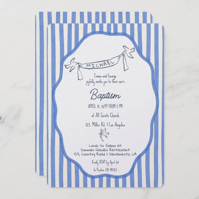 Convites Baptism invitation with doves blue pinstripes (Frente/Verso)