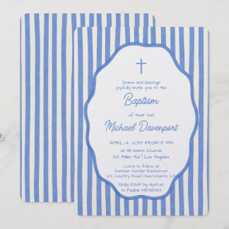 Convites Baptism invitation with fancy blue pinstripes