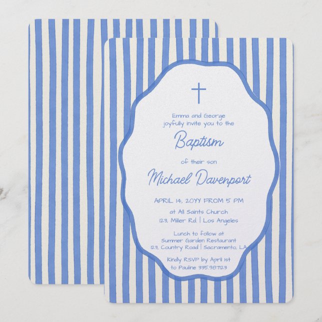Convites Baptism invitation with fancy blue pinstripes (Frente/Verso)