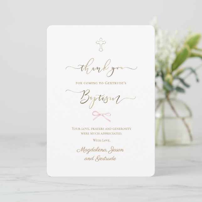 Convites Baptism little pink bow thank you card (Em pé/Frente)
