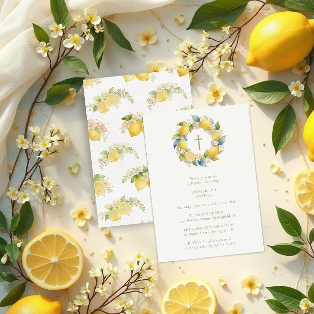 Convites Baptism Mediterranean Wreath with Floral and Lemon (Baptism Mediterranean Wreath with Floral and Lemons Invitation Card Design. )