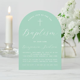 Convites Baptism Mint Arch Moderna Manuscrito & Cross Green
