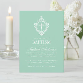 Convites Baptism Mint Green Elegant Vintage Cross in Crest 