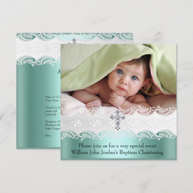 Convites Baptism Mint Green Lace Foto Jewel Cross Boy (Frente/Verso)