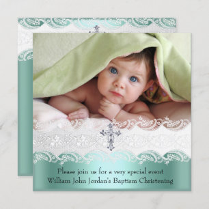 Convites Baptism Mint Green Lace Foto Jewel Cross Boy
