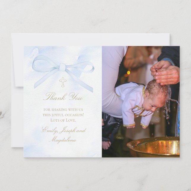 Convites Baptism photo watercolor blue bow thank you card (Frente)