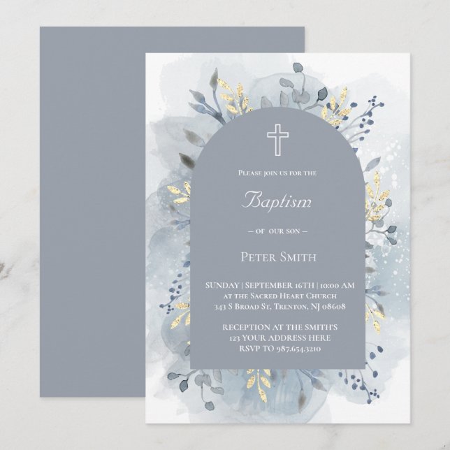 Convites Baptism watercolor foliage  (Frente/Verso)