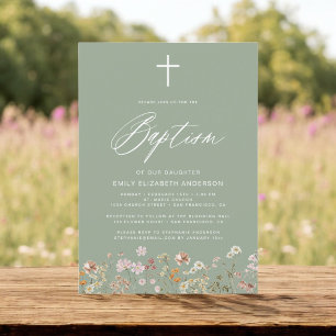 Convites Baptism Wildflower Sage Green Script