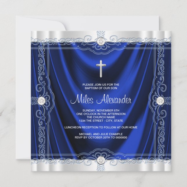 Convites Baptismo Azul Marinho Azul Royal Cetim (Frente)