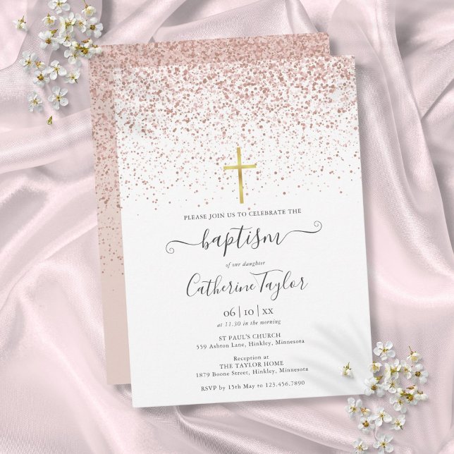 Convites Baptismo Batizado Brilho Dourado Rosa Moderno (Modern Rose Gold Glitter Baptism Christening Invitation)