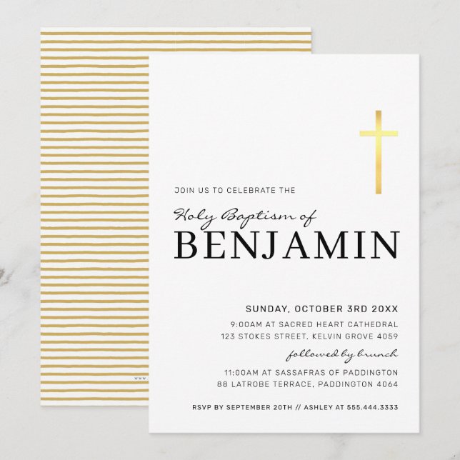Convites Baptismo CRUZ mínimo dourado preto preto (Frente/Verso)