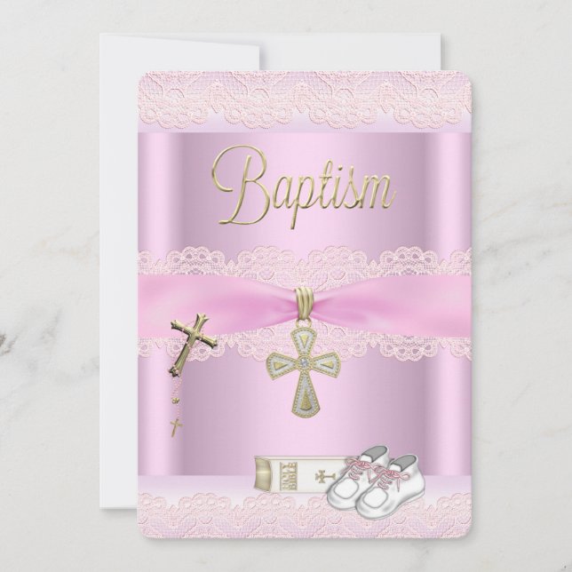 Convites Baptismo Cruz Rosa Menina Renda Batizado 2a (Frente)