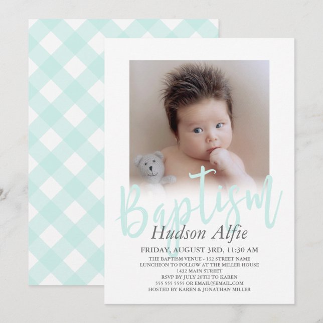 Convites Baptismo da foto do roteiro da escova do verde da (Frente/Verso)