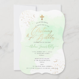 Convites Baptismo de Aguarela Verde Menta + 1º Aniversário