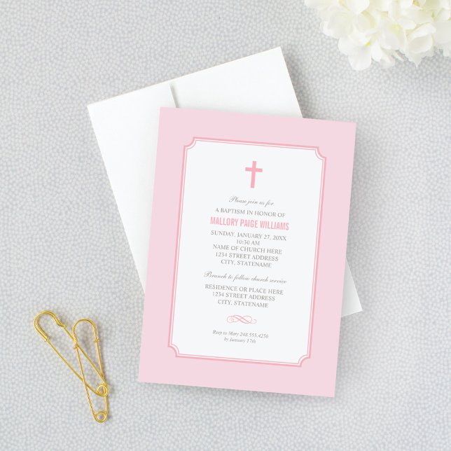 Convites Baptismo de Bebê Menina Rosa Simplesmente Elegante (Criador carregado)