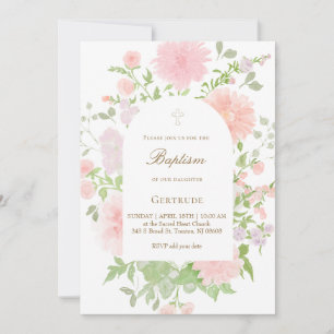 Convites baptismo de flores grandes rosa aquarela