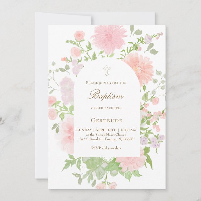 Convites baptismo de flores grandes rosa aquarela (Frente)