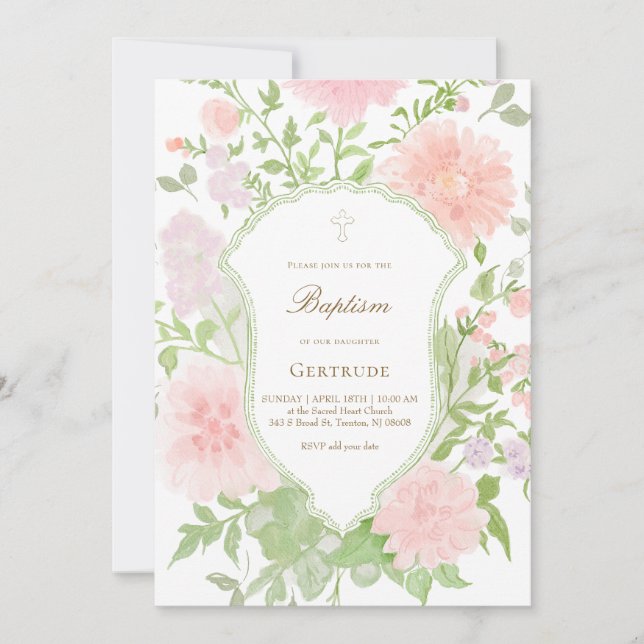 Convites baptismo de flores grandes rosa e lilás aquarela (Frente)