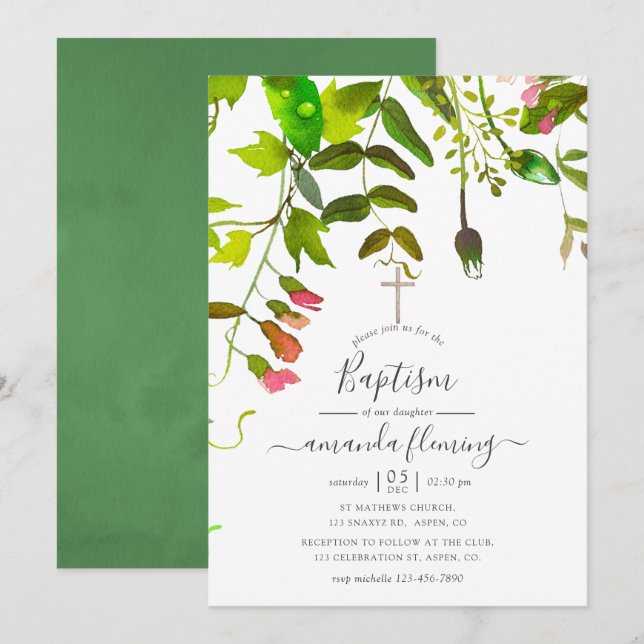 Convites Baptismo de Verdura de Primavera em Aquarela (Frente/Verso)
