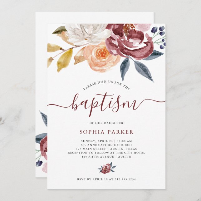 Convites Baptismo floral da aguarela | de Borgonha (Frente/Verso)