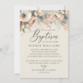 Convites Baptismo floral de guião floral aquoso elegante