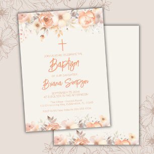 Convites Baptismo Floral Flores Bege Marfim Pêssego