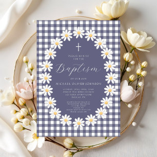 Convites Baptismo Floral Xadrez Azul Marinho Moderno
