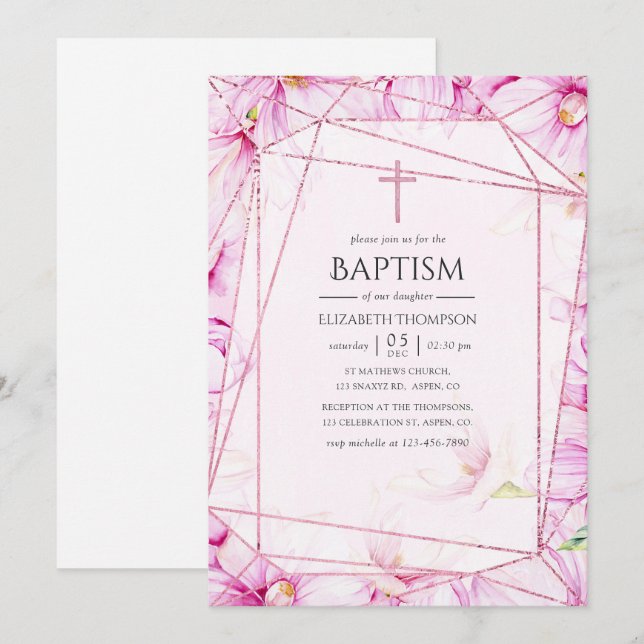 Convites Baptismo Geométrico em Rosa Dourado e Magnólia Ros (Frente/Verso)