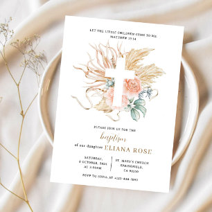Convites Baptismo Grama das Pampas Rosa Boho Cruz