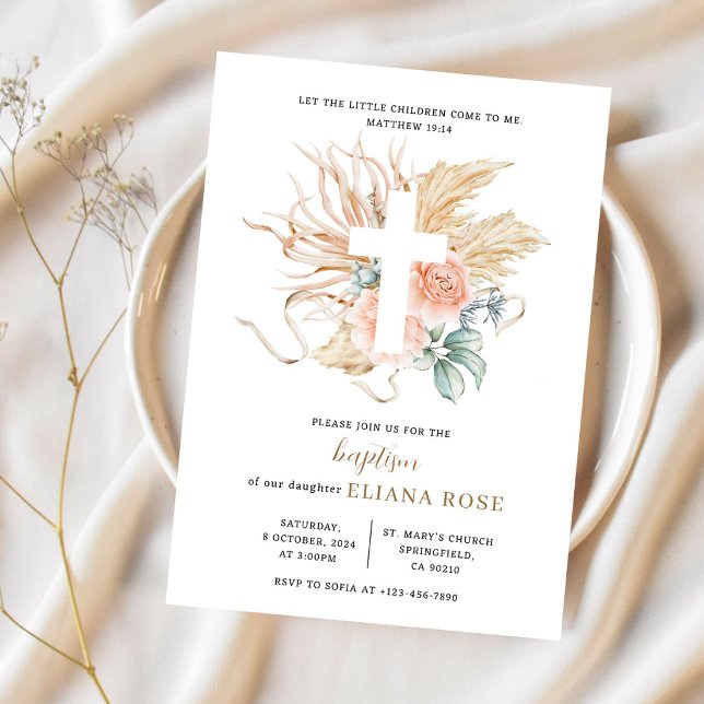Convites Baptismo Grama das Pampas Rosa Boho Cruz (Criador carregado)
