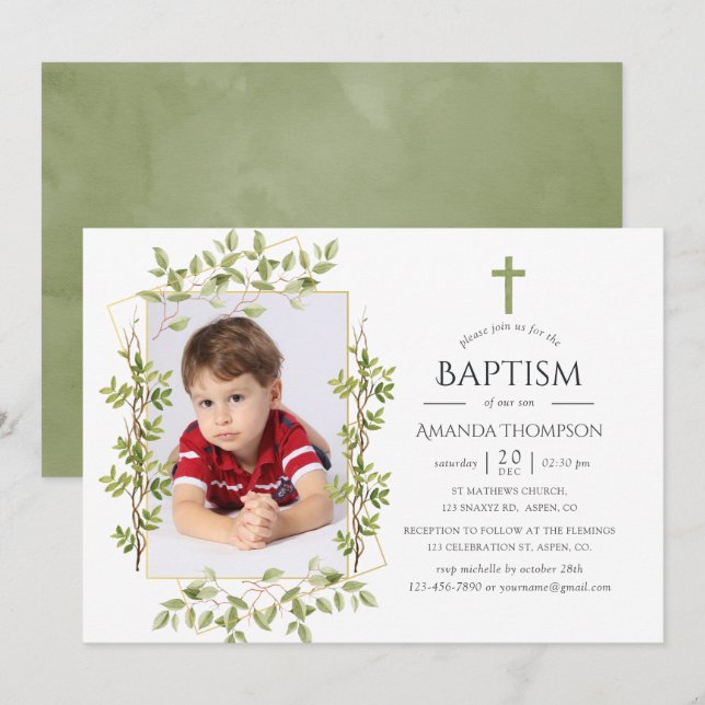 Convites Baptismo ou Batizado Geométrico Verde (Frente/Verso)