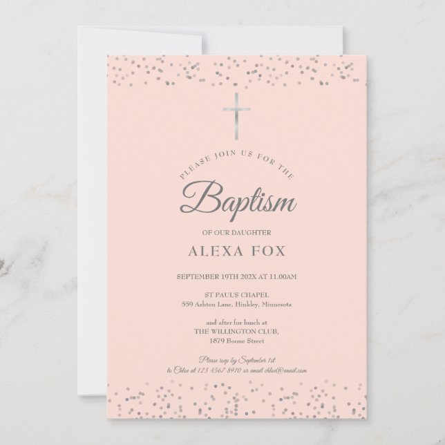 Convites Baptismo Pó de Estrelas Prateado Batizado Rosa Beg (Frente)