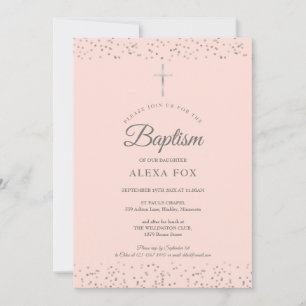 Convites Baptismo Pó de Estrelas Prateado Batizado Rosa Beg
