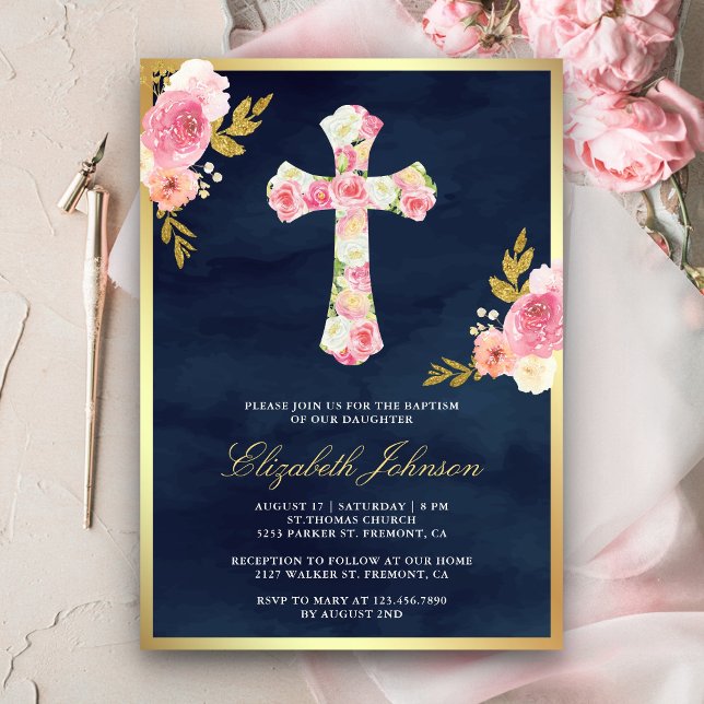 Convites Baptismo Rosa Bege Floral Azul Naval Dourado (Criador carregado)