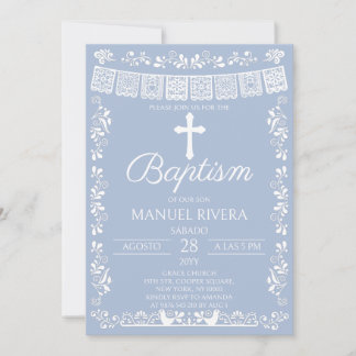 Convites Baptizado com Papel Picado Azul Empoeirado