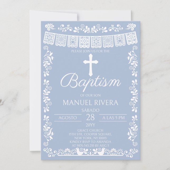 Convites Baptizado com Papel Picado Azul Empoeirado (Frente)