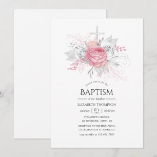 Convites Baptizado Floral Prateado e Rosa Iridescente