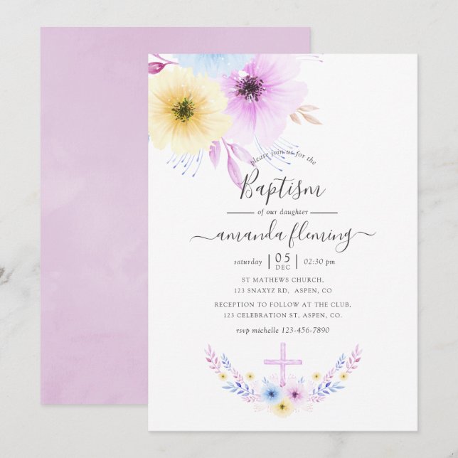 Convites Baptizado Floral Rosa e Azul Pastel (Frente/Verso)