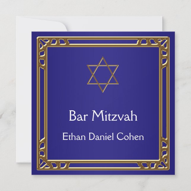 Convites Bar Azul Dourado Mitzvah (Frente)