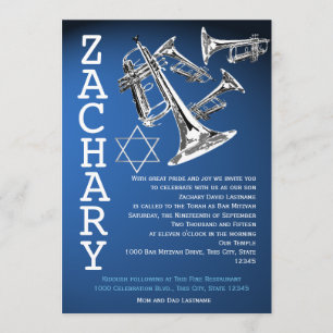 Convites Bar azul escuro Mitzvah da música das trombetas
