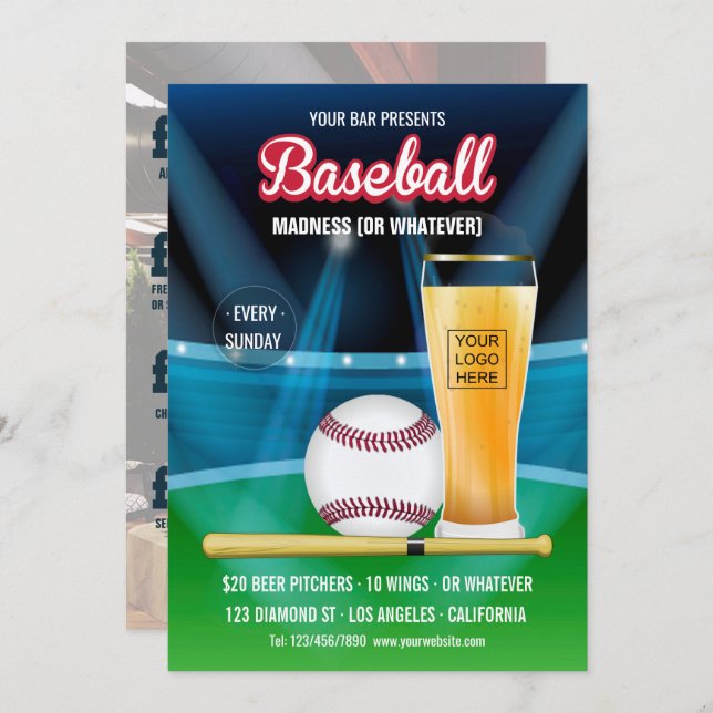 Convites Bar Baseball Event Promo Menu adicionar foto e log (Frente/Verso)