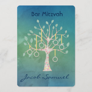 Convites Bar Bat Bnai Tree of Life Mitzvah Watercolor Blue