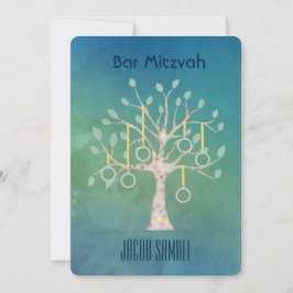 Convites Bar Bat Bnai Tree of Life Mitzvah Watercolor Blue