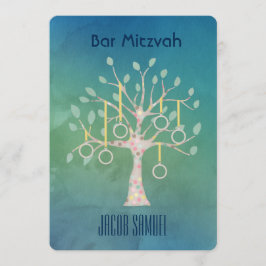 Convites Bar Bat Bnai Tree of Life Mitzvah Watercolor Blue