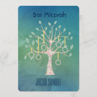 Convites Bar Bat Bnai Tree of Life Mitzvah Watercolor Blue