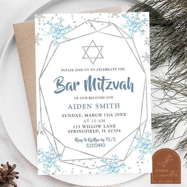 Convites Bar/Bat Mitzvah Azul Floco de Neve de Inverno  (Criador carregado)